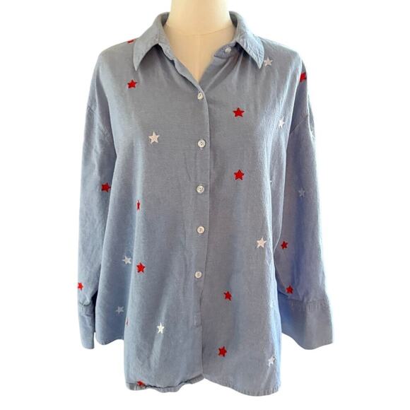 Casey Coleman Blue Chambray Button Down Shirt 1X Embroidered Stars Patriotic - Picture 1 of 8